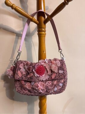 Handcrafted in India Pink Floral Beaded Shoulder Bag with Bag Charm